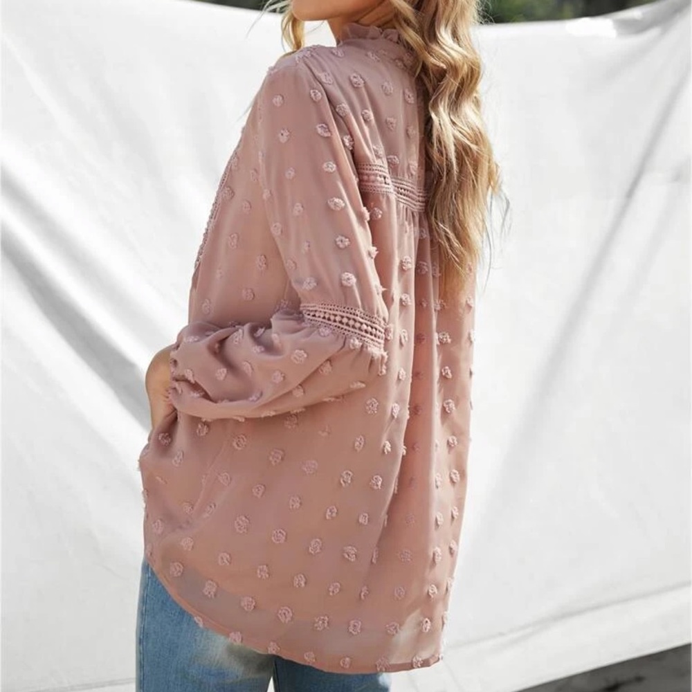Long sleeve swiss dot sheer chiffon blouse boho - Picture 6 of 8